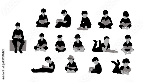 Little boy reading books silhouette, silhouettes of kid with a book, people standing, sitting and lying reading book
