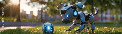 A 3D robot puppy with wagging tail and blinking lights, playfully chasing a digital ball around a futuristic park