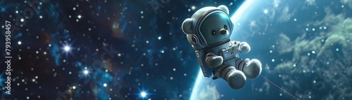 A 3D teddy bear astronaut floats in space, tethered to a spacecraft, gazing at the stars with wide, wonder filled eyes
