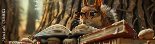 A 3D squirrel librarian sorts through a pile of acorn shaped books, glasses perched on its nose, in a tree library