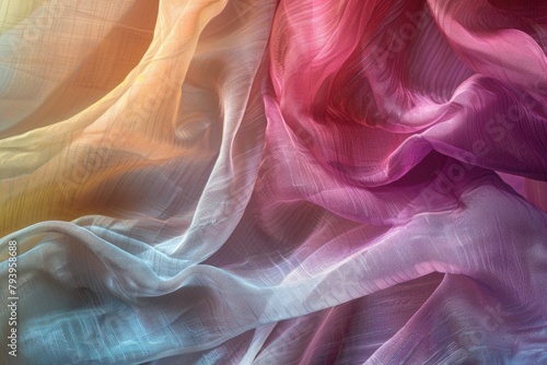 A swirl of rainbow-colored sheer fabric creates an elegant