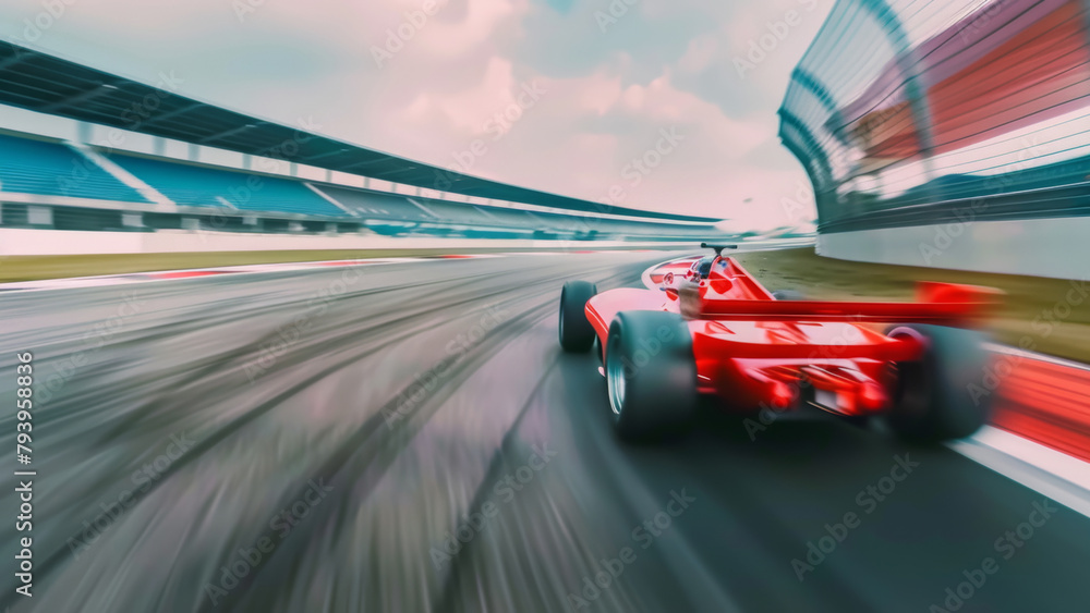 Bright red racing car on race track, motorsport sports background, fast speed motion blur, rear view Bright red racing car on race track, motorsport sports background, fast speed motion blur, rear view