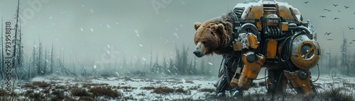 A bear with an exoskeletal suit foraging in a nuclear winter forest, with remnants of civilization peeking through