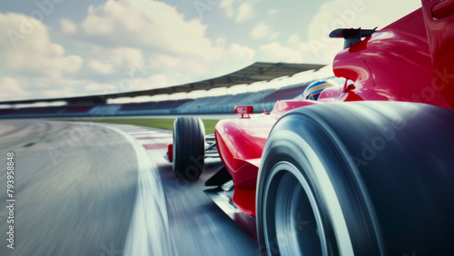 Bright red racing car on race track, motorsport sports background, fast speed motion blur, rear view photo
