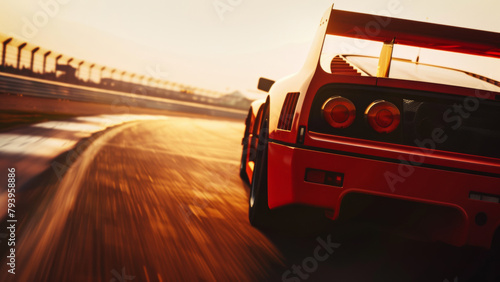 Bright red racing car on race track, motorsport sports background. Fast speed motion blur at sunset, rear view