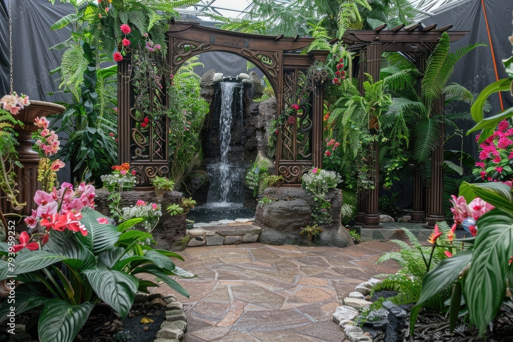 Waterfall in the garden with green plants and stone wall background.