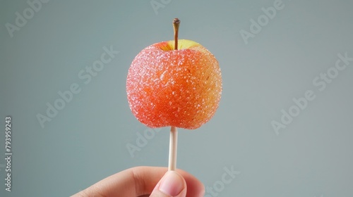 Visual capture of a hand showcasing a sugar-coated apple on a stick, emphasizing the glossy texture and vibrant color against a simple background, studio lighting