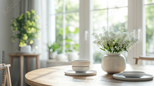 An elegant dining table with a ceramic vase filled with white flowers, softly lit by sunlight streaming through large windows. In the background, there are potted plants