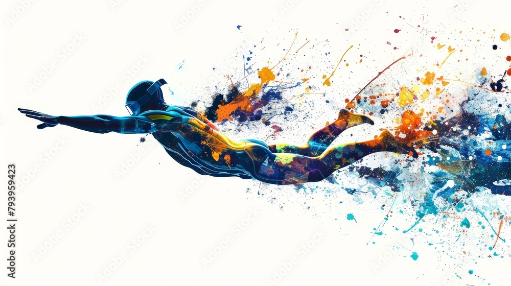 Visually captivating silhouette of a male swimmer, dynamic splashes of paint depicting motion, perfect for creative sport advertising, isolated background Visually captivating silhouette of a male swimmer, dynamic splashes of paint depicting motion, perfect for creative sport advertising, isolated background