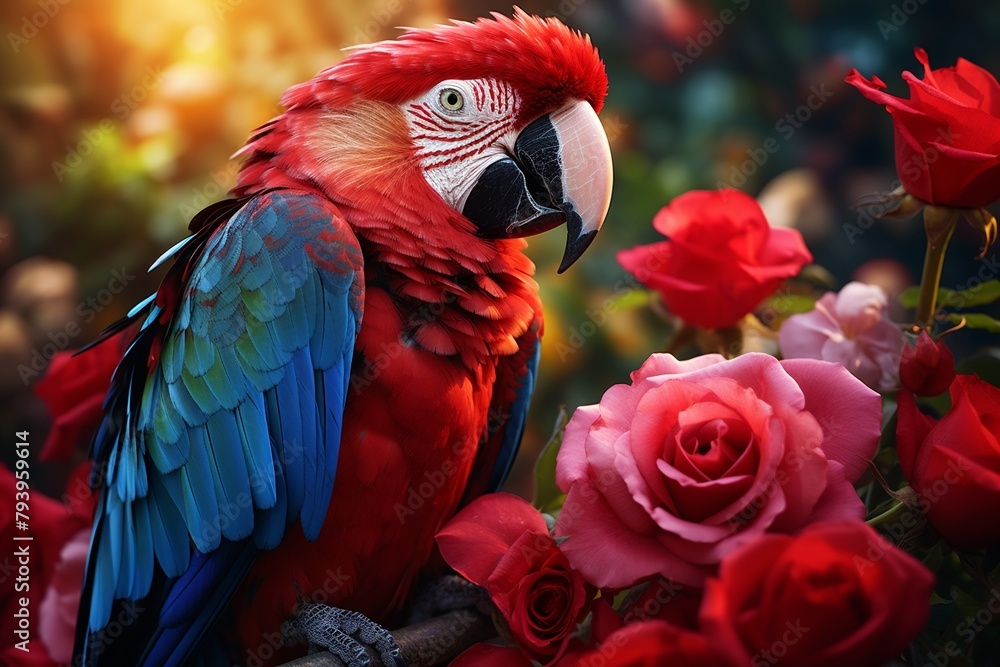 Vivid image of a colorful parrot gently holding a rose in its beak, symbolizing the delivery of love, set against a lush tropical background