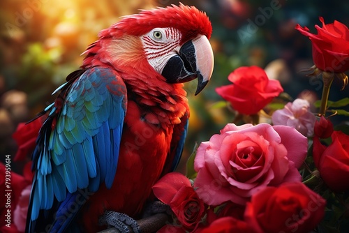 Vivid image of a colorful parrot gently holding a rose in its beak, symbolizing the delivery of love, set against a lush tropical background