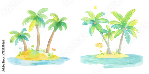 cute palm trees on island watercolor vector illustration