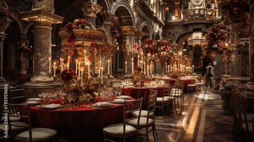 A lavish dining room adorned with exquisite chandeliers, elegant tables, and ornate chairs
