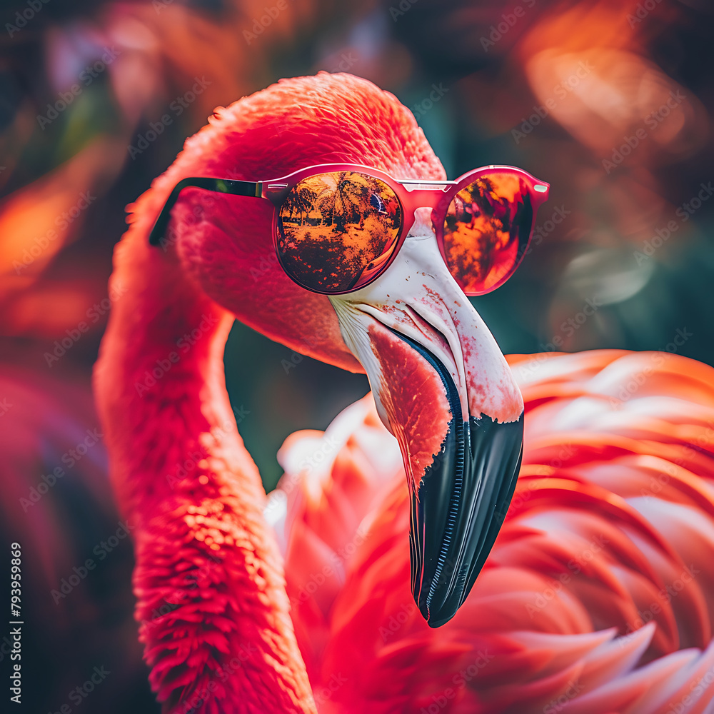 Funny Flamingo with Trendy Sunglasses concept background with copy space for text - obrazy, fototapety, plakaty 