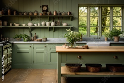 Traditional green kitchen with natural elements