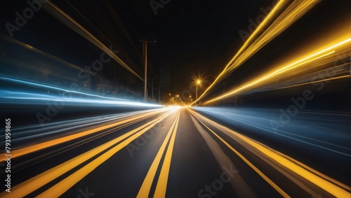 Swift Acceleration on Night Street. Yellow Light and Stripes Zooming Rapidly over Dark Background.