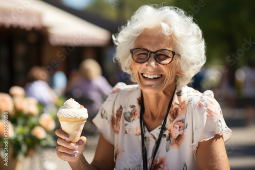 Happy old woman eating ice cream in summer park