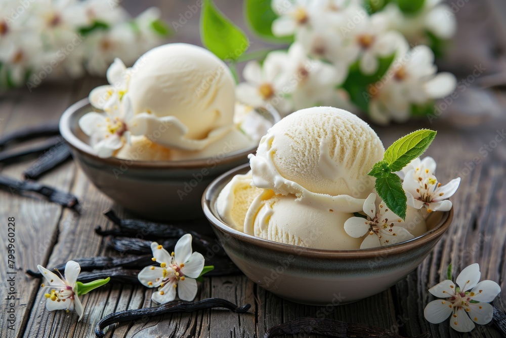 Vanilla ice cream with flowers and vanilla pods Vanilla ice cream with flowers and vanilla pods