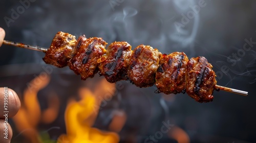 Detailed close-up of a hand holding a sizzling Turkish meat kebab on a stick, isolated on a solid background, studio lighting emphasizes texture and colors