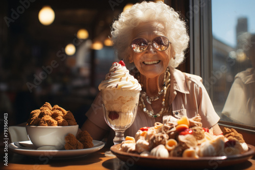 Smiling old woman is sitting in a cafe and eating delicious ice cream