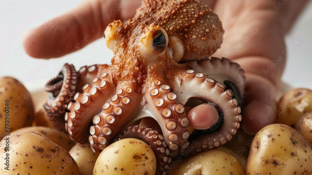 Obraz premium Dynamic shot of a hand raising a freshly toasted marshmallow on a wooden stick, isolated backdrop, emphasizes simplicity and taste, studio lighting