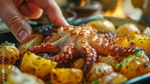 Elegant food advertisement featuring a hand delicately presenting an octopus over a bed of golden potatoes, clean isolated backdrop, studio lighting photo