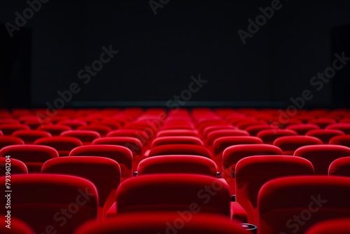 Red cinema seats in a dark room.