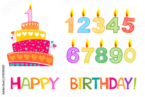 Candles on birthday cakes with age numbers from one to ten, isolated  icons. Happy birthday, party celebration. Cake and colorful candle digits with fire light, anniversary candlelights set. 