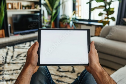 male hands holding a tablet with a blank screen in the living room