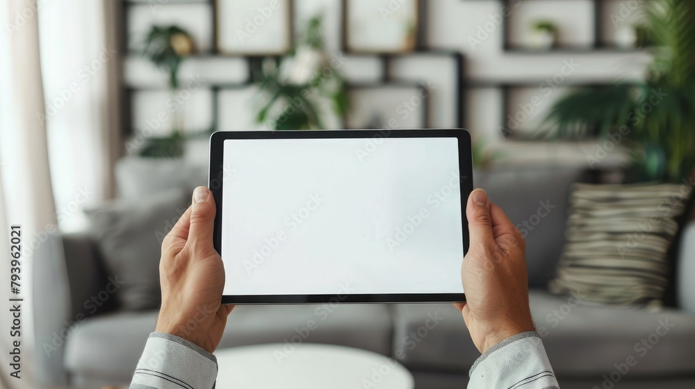 male hands holding a tablet with a blank screen in the living room male hands holding a tablet with a blank screen in the living room