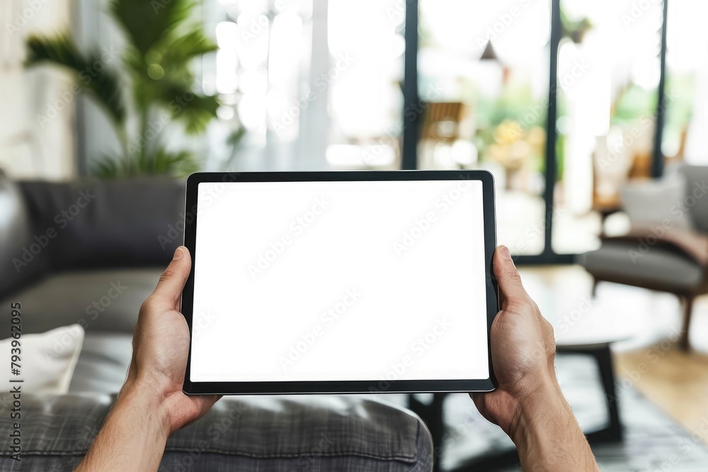 male hands holding a tablet with a blank screen in the living room