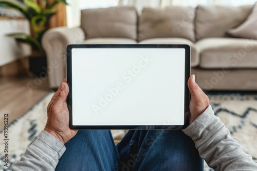 male hands holding a tablet with a blank screen in the living room © ffunn