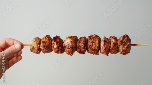 Professional advertisement image of a hand holding shashlik, grilled barbecue meat glistening with spices, on a stick, neutral background, studio lighting