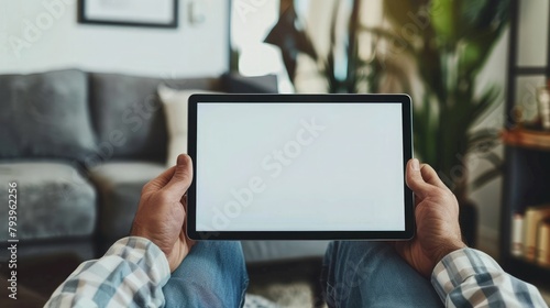 male hands holding a tablet with a blank screen in the living room