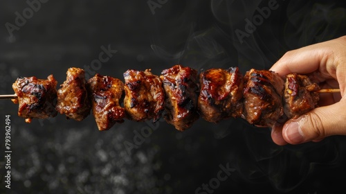 Striking visual of a hand presenting a perfectly cooked barbecue on a stick, emphasizing the juicy appeal, isolated backdrop, studio lighting