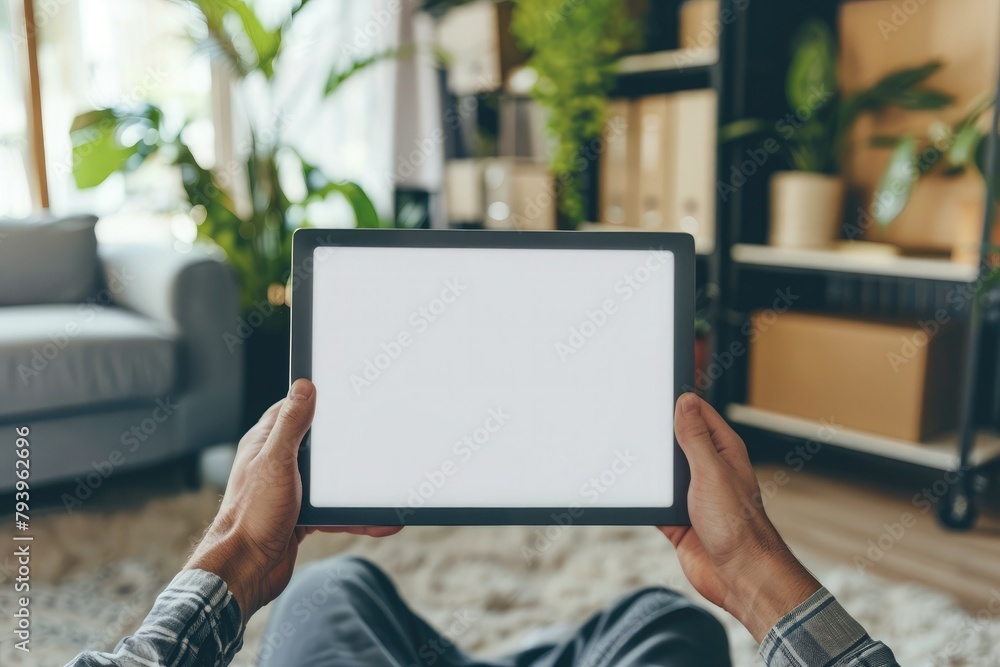 male hands holding a tablet with a blank screen in the living room male hands holding a tablet with a blank screen in the living room