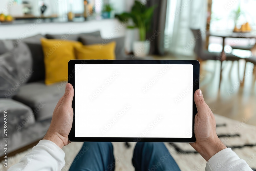 male hands holding a tablet with a blank screen in the living room male hands holding a tablet with a blank screen in the living room