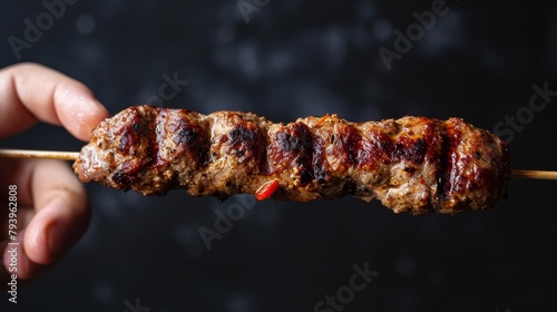 Vibrant shot focusing on a hand holding a delectable Turkish meat kebab on a stick, with a sleek isolated background, studio lighting for vivid detail