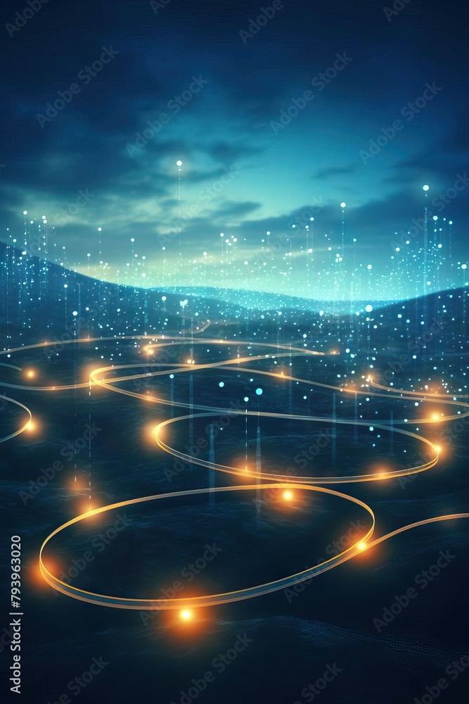 Artistic rendering of a starry night sky with glowing orange trails.