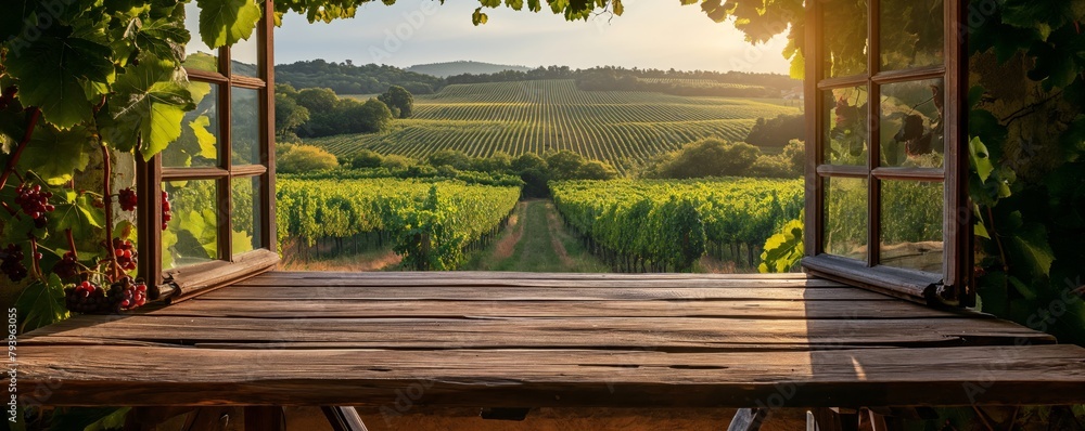 Naklejka premium Empty wooden table with vineyard view out of open window, morning light 