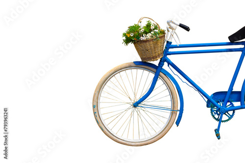 Blue old vintage road bike with flowers in the bike basket. isolated old road bike png
