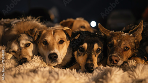 A group of stray dogs huddled together for warmth on a cold city night, showing the survival instincts and camaraderie among homeless animals.