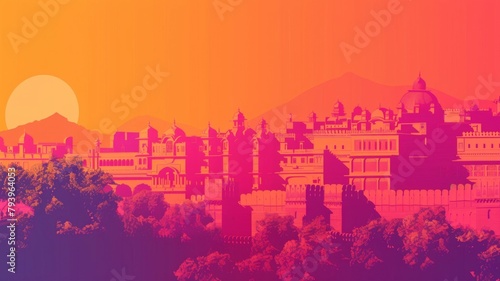 Vibrant Architectural Cityscape Skyline at Sunset in Warm Tones