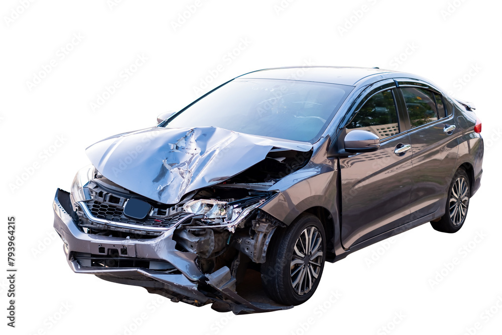 Car crash, Front and side of modern black car get damaged by accident on the road. damaged cars after collision. isolated on transparent background, PNG File