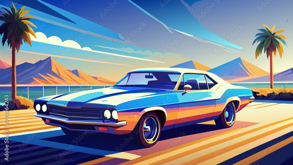 Fototapeta premium A sports car on the road.The road into the distance. The car rushes along a picturesque road.Let's go! An illustration of a car ready for new discoveries in the vast expanses. mustang