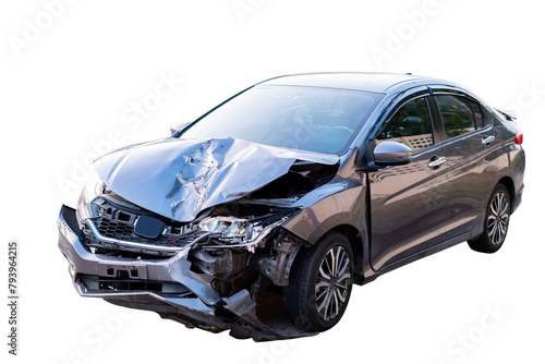 Car crash, Front and side of modern black car get damaged by accident on the road. damaged cars after collision. isolated on transparent background, PNG File