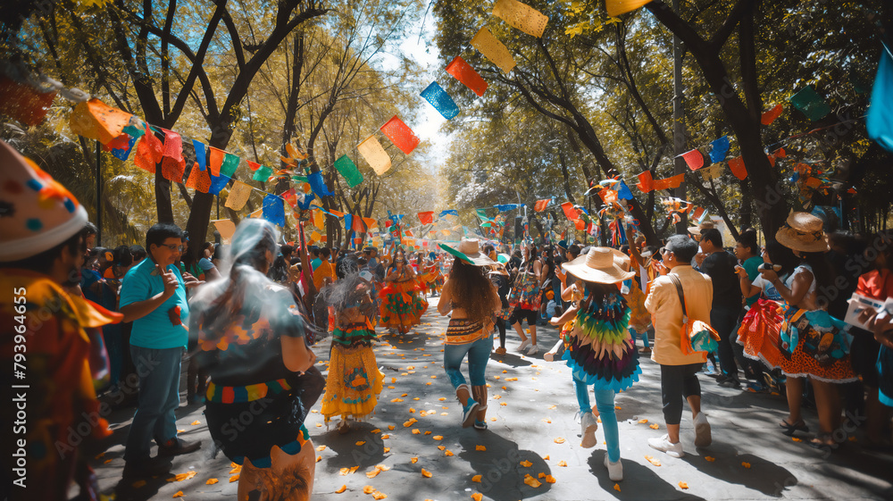 Festive street celebration with colorful flags, dancing people in traditional costumes. - obrazy, fototapety, plakaty 