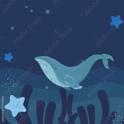The tranquil whales in the night sea and the shimmering plankton under the starlight.