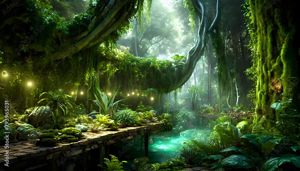 Plant based sentient market place artificial intelligence in a forest on digital art concept.