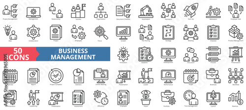 Business management icon collection set. Containing project, relationship, success, organization, document checklist, automation, teamwork icon. Simple line vector.